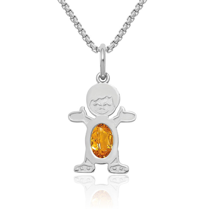 14K Solid White Gold Boy Oval Yellow Orange Citrine Necklace Chain Pendant Charm November Birthstone Jewelry