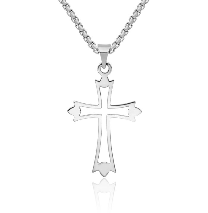 14K Solid White Gold Budded Holy Cross Necklace Religious Chain Pendant Jesus Christ Christian Charm