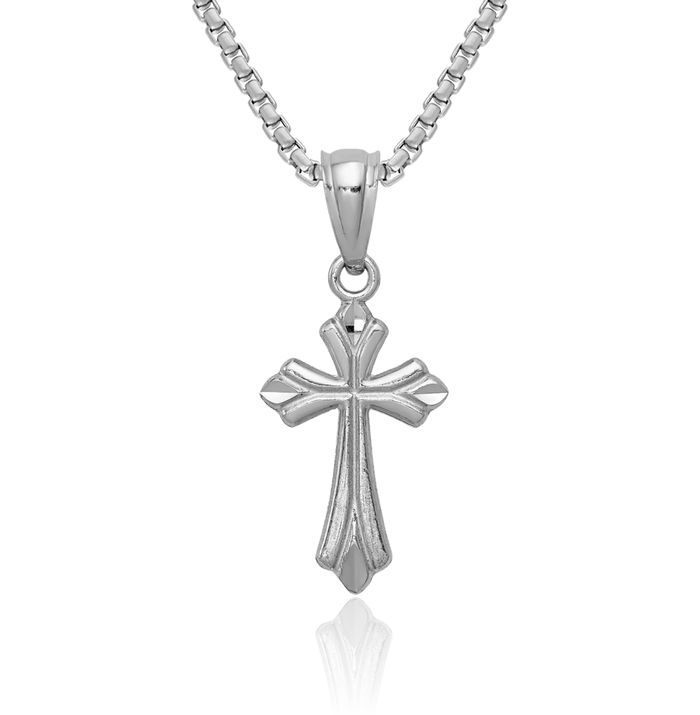 14K Solid White Gold Budded Holy Cross Necklace Religious Chain Pendant Jesus Christ Christian Charm