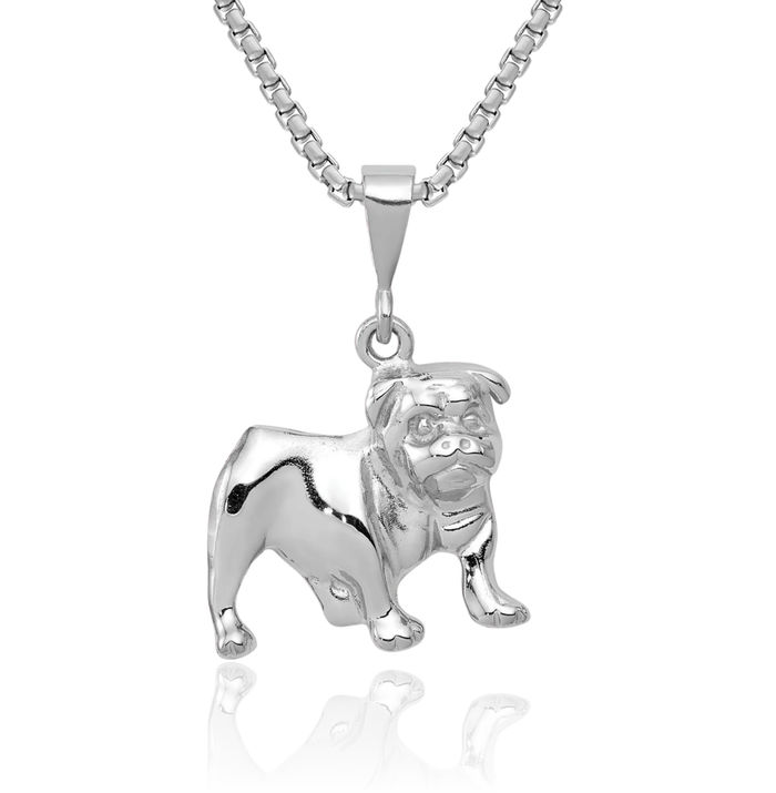 14K Solid White Gold Bulldog Necklace Chain Pendant Charm