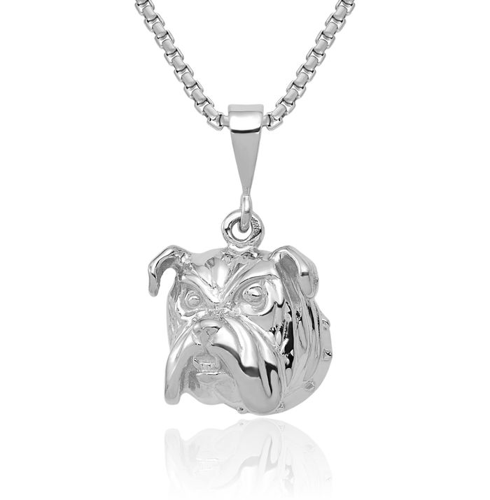 14K Solid White Gold Bulldog Necklace Chain Pendant Charm