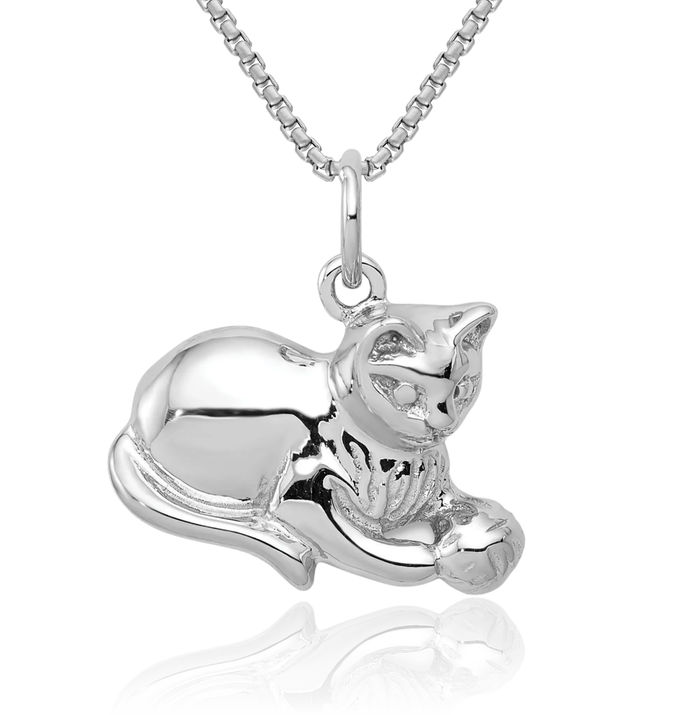 14K Solid White Gold Cat Necklace Chain Pendant Charm