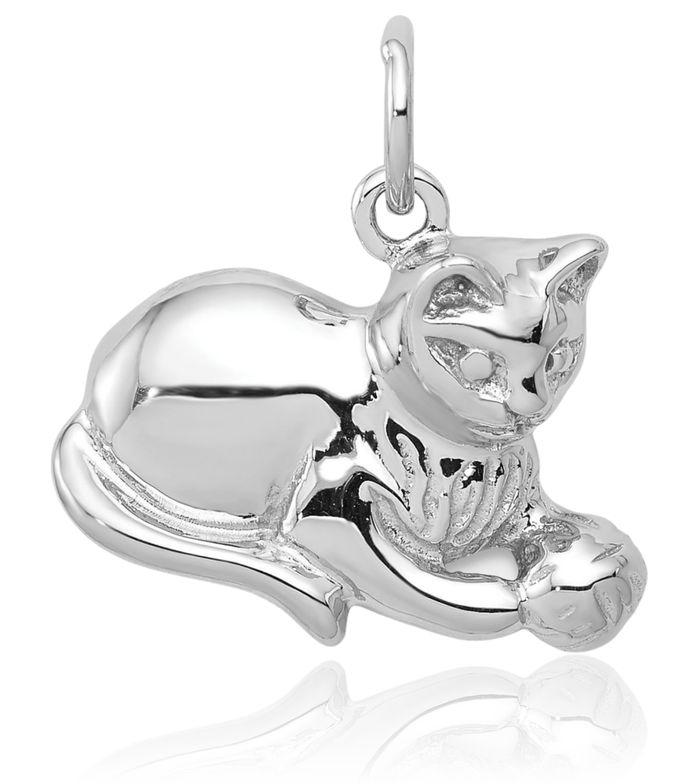 14K Solid White Gold Cat Necklace Chain Pendant Charm