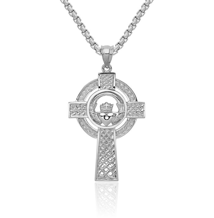 14K Solid White Gold Celtic Heart Irish Claddagh Holy Cross Necklace Religious Chain Pendant Jesus Christ Charm Jewelry