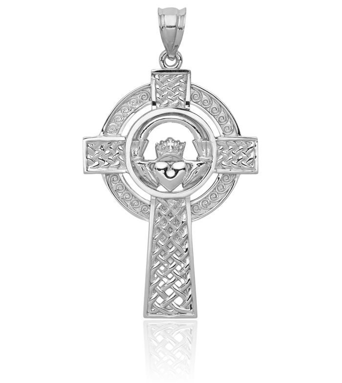 14K Solid White Gold Celtic Heart Irish Claddagh Holy Cross Necklace Religious Chain Pendant Jesus Christ Charm Jewelry