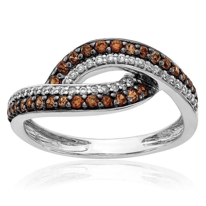 14K Solid White Gold Champagne Diamond Black Ring