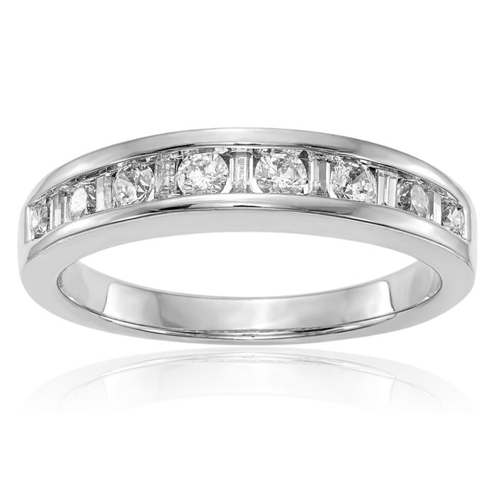 14K Solid White Gold Channel-set Baguette/round Diamond Wedding Band Ring