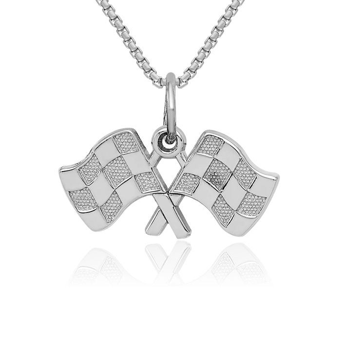 14K Solid White Gold Checkered Flags Necklace Racing Charm Sports Pendant