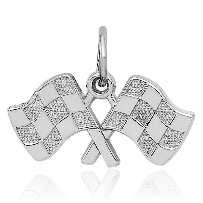 14K Solid White Gold Checkered Flags Necklace Racing Charm Sports Pendant