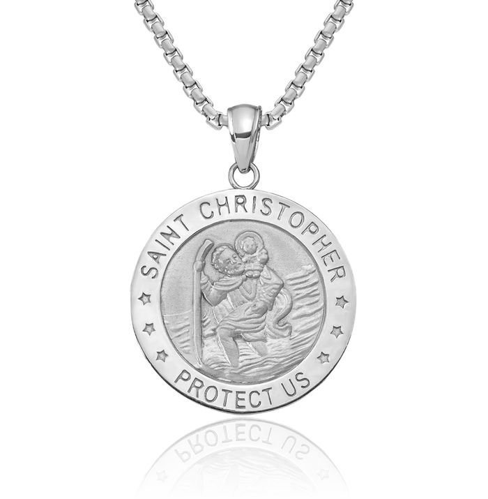 14K Solid White Gold Christopher Medal Patron of Travelers Athletes Protection Necklace Christian Religious Chain Pendant Faith Charm