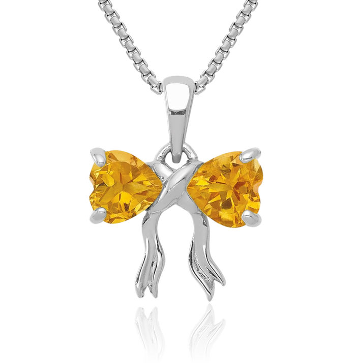 14K Solid White Gold Yellow Orange Citrine Bow Necklace Heart Gemstone Pendant Charm November Birthstone Jewelry