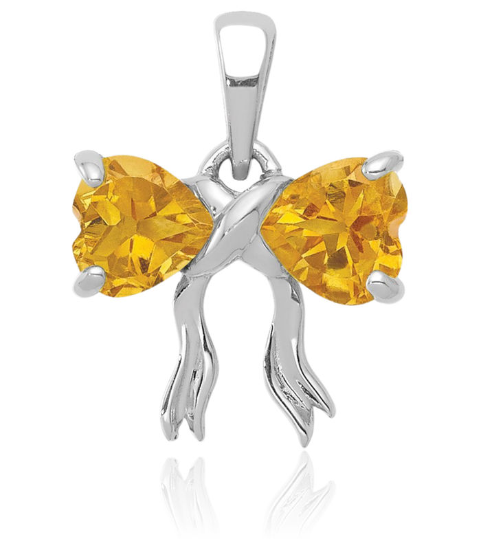 14K Solid White Gold Yellow Orange Citrine Bow Necklace Heart Gemstone Pendant Charm November Birthstone Jewelry