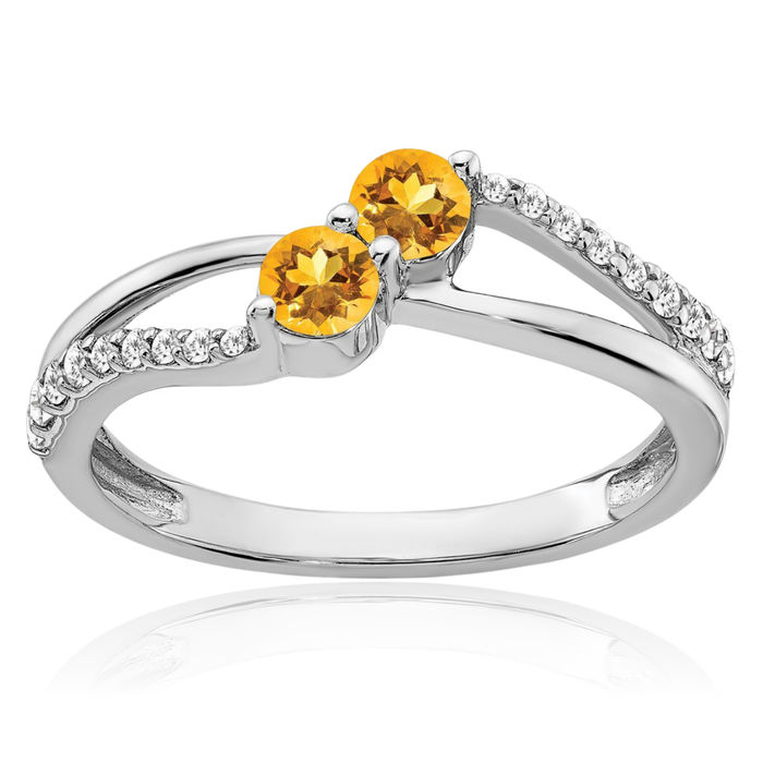 14K Solid White Gold Yellow Orange Citrine Diamond 2 Stone Ring Gemstone Band November Birthstone Jewelry