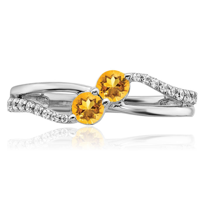 14K Solid White Gold Yellow Orange Citrine Diamond 2 Stone Ring Gemstone Band November Birthstone Jewelry