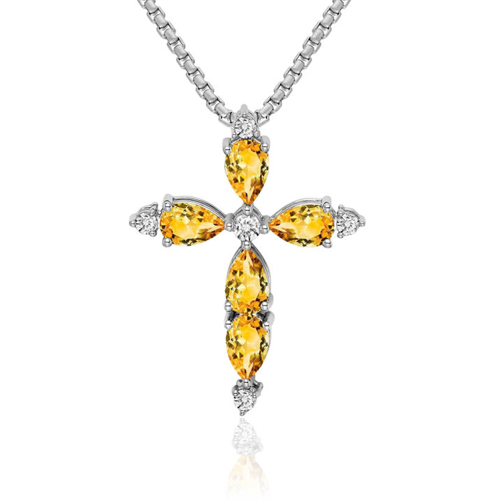 14K Solid White Gold Yellow Orange Citrine Diamond Holy Cross Floating Chain Slide Pendant Necklace Religious Jesus Christ Charm