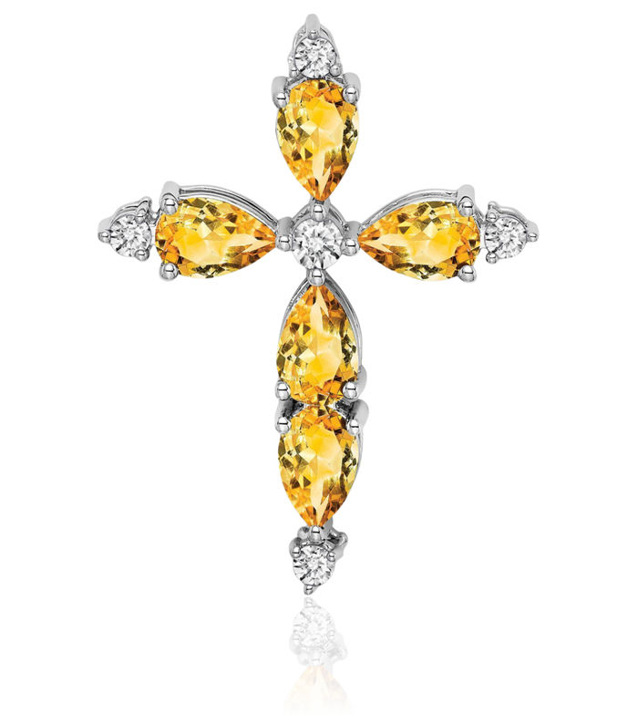 14K Solid White Gold Yellow Orange Citrine Diamond Holy Cross Floating Chain Slide Pendant Necklace Religious Jesus Christ Charm