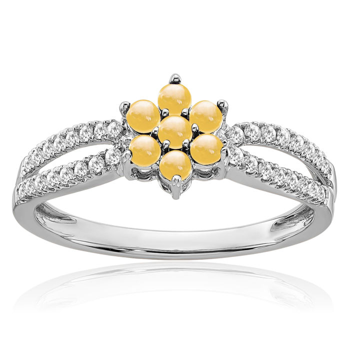 14K Solid White Gold Yellow Orange Citrine Diamond Flower Ring Gemstone Band November Birthstone Jewelry