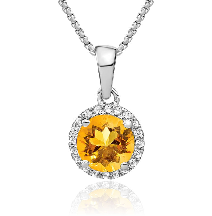 14K Solid White Gold Yellow Orange Citrine Diamond Halo Round Necklace Charm Gemstone Pendant