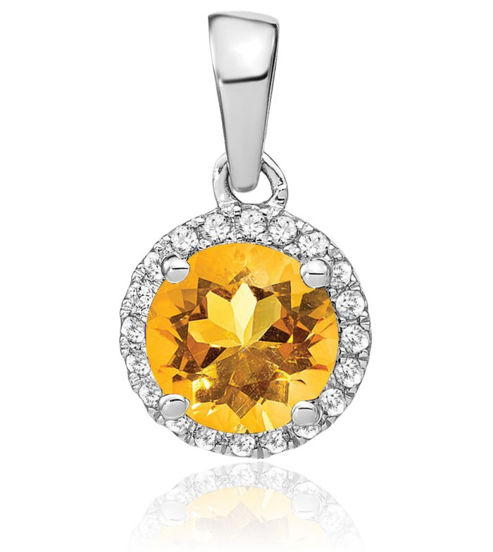 14K Solid White Gold Yellow Orange Citrine Diamond Halo Round Necklace Charm Gemstone Pendant