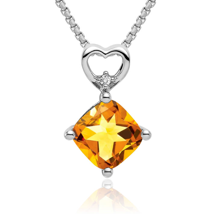 14K Solid White Gold Yellow Orange Citrine Diamond Heart Floating Chain Slide Gemstone Pendant Necklace Charm November Birthstone Jewelry