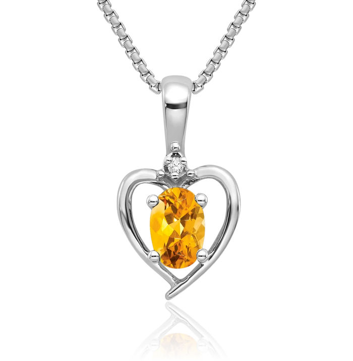 14K Solid White Gold Yellow Orange Citrine Diamond Heart Necklace Gemstone Pendant Charm April November Birthstone Jewelry