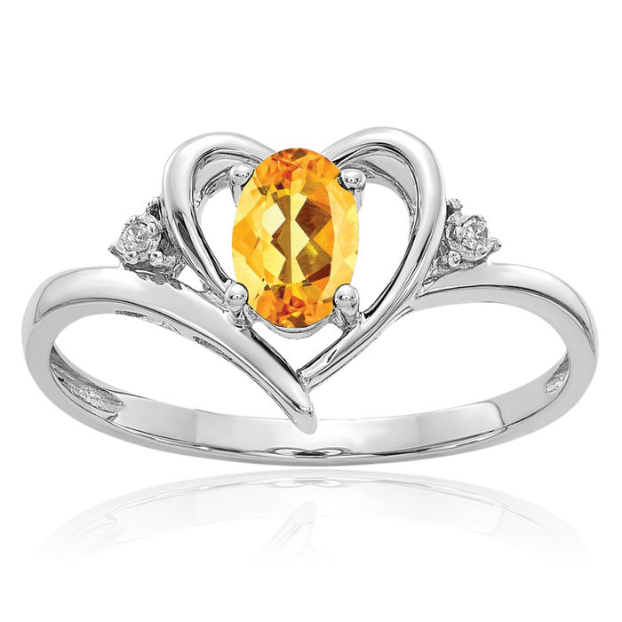 14K Solid White Gold Yellow Orange Citrine Diamond Heart Ring Gemstone Love Band November Birthstone Jewelry