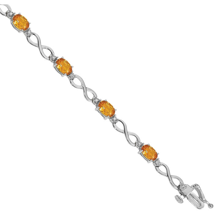 14K Solid White Gold Yellow Orange Citrine Diamond Infinity Twisted Love Knot Symbol Chain Bracelet