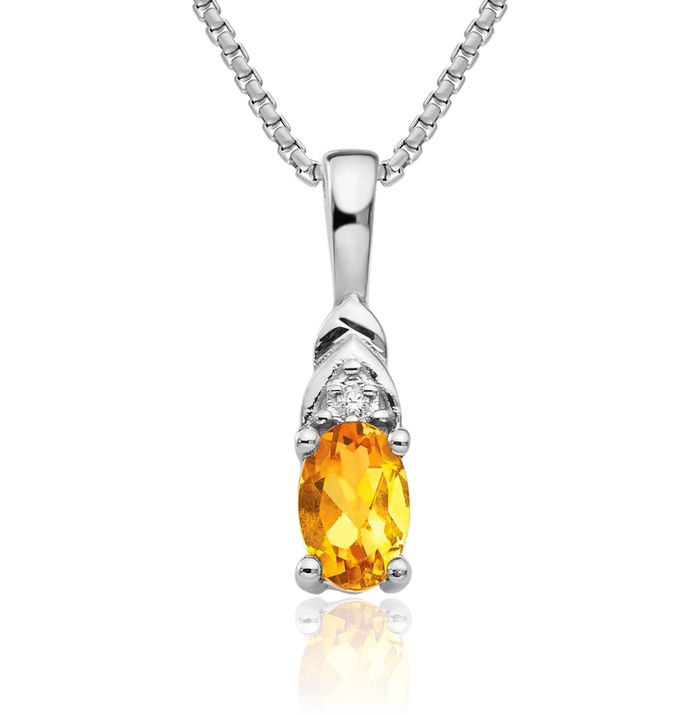 14K Solid White Gold Yellow Orange Citrine Diamond Necklace Gemstone Pendant Charm April November Birthstone Jewelry