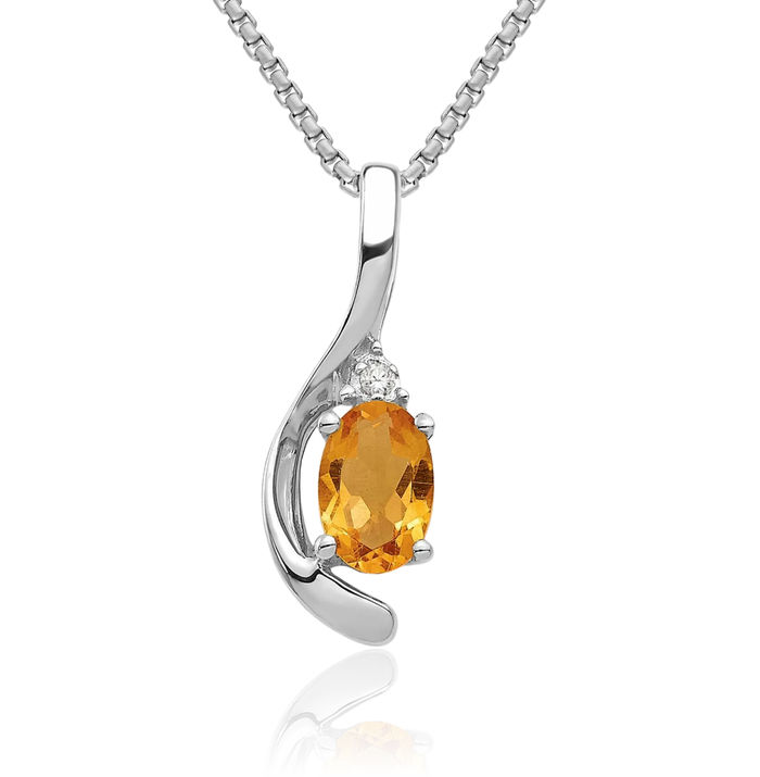 14K Solid White Gold Yellow Orange Citrine Diamond Necklace Gemstone Pendant Charm April November Birthstone Jewelry