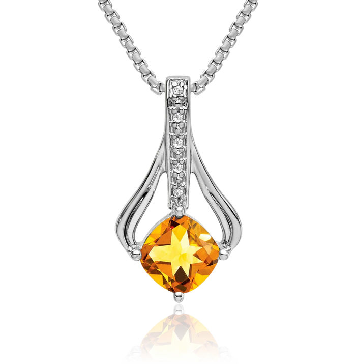 14K Solid White Gold Yellow Orange Citrine Diamond Necklace Charm Gemstone Pendant