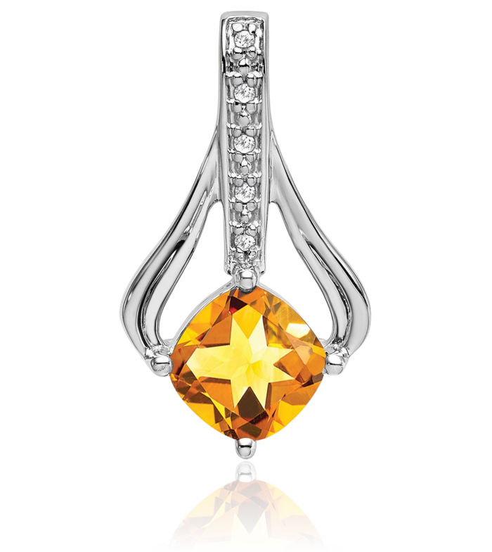 14K Solid White Gold Yellow Orange Citrine Diamond Necklace Charm Gemstone Pendant