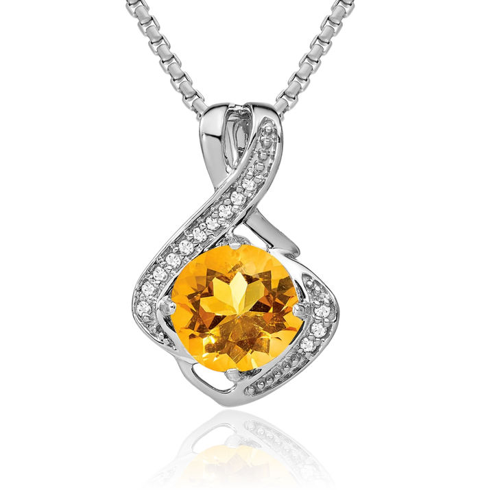 14K Solid White Gold Yellow Orange Citrine Diamond Necklace Charm Gemstone Pendant