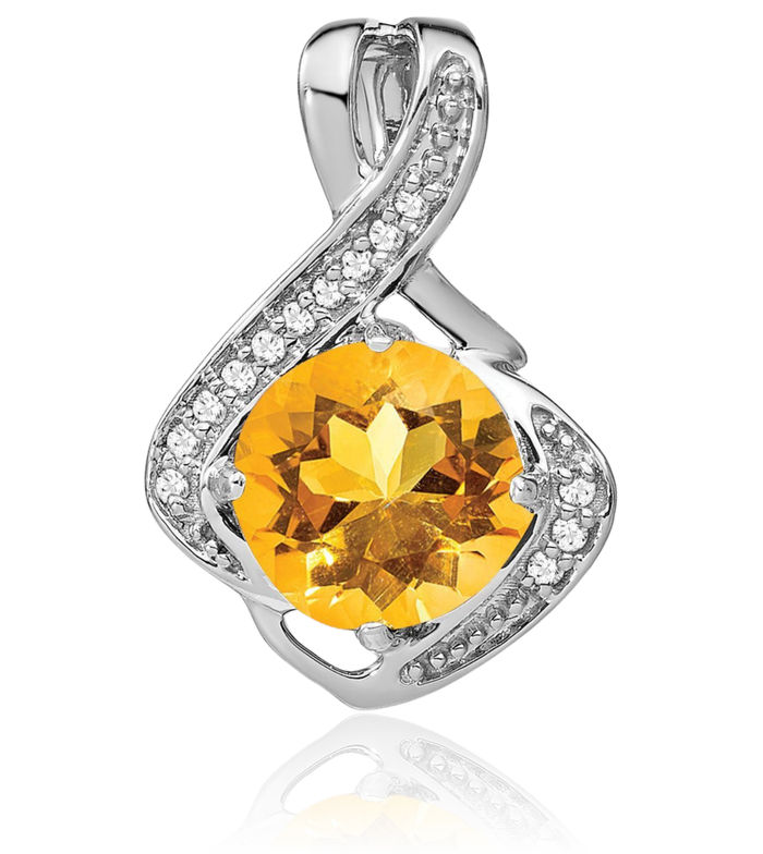 14K Solid White Gold Yellow Orange Citrine Diamond Necklace Charm Gemstone Pendant