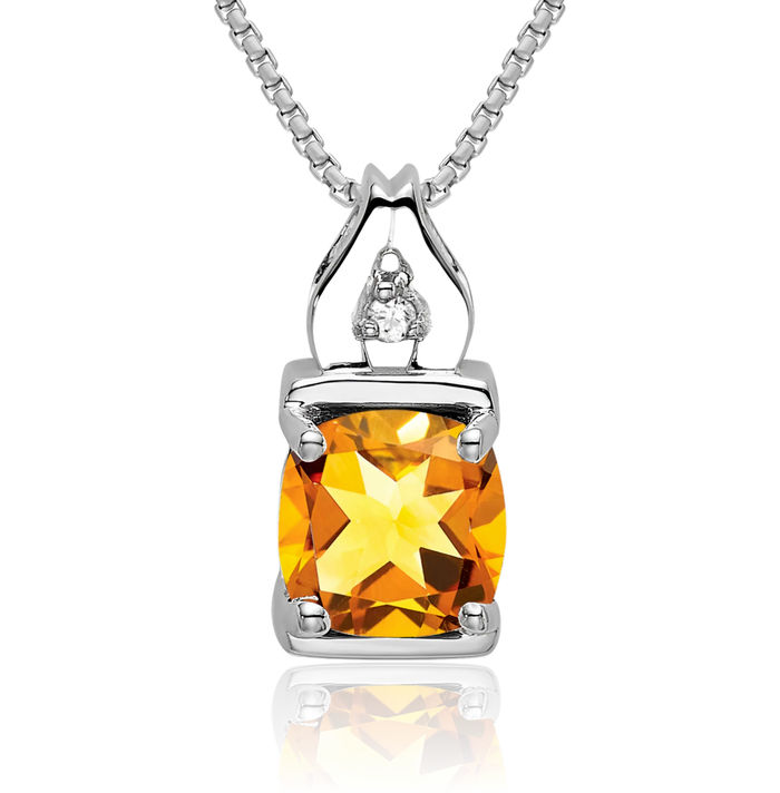 14K Solid White Gold Yellow Orange Citrine Diamond Necklace Charm Gemstone Pendant