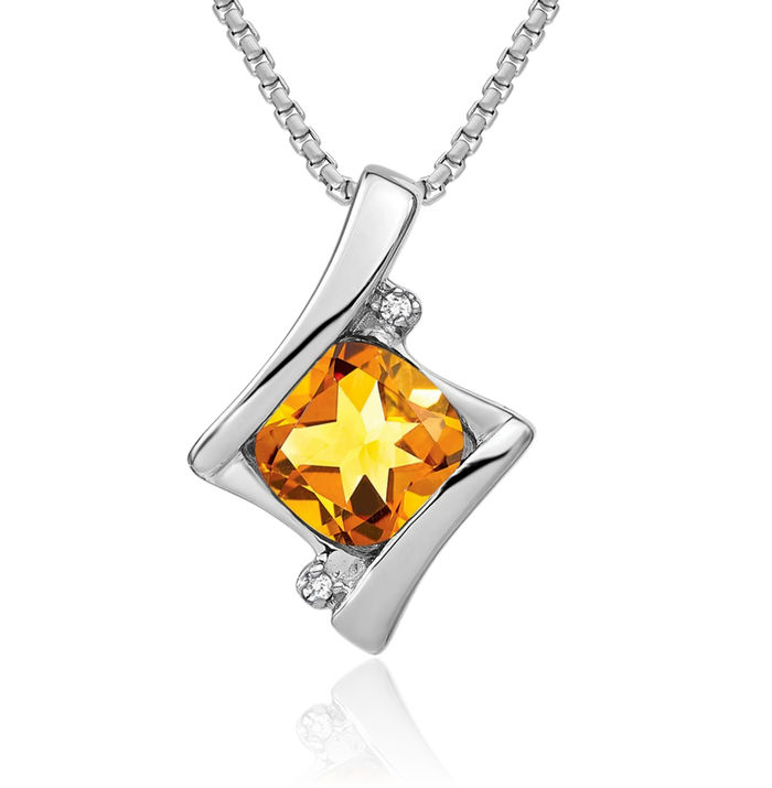 14K Solid White Gold Yellow Orange Citrine Diamond Necklace Charm Gemstone Pendant