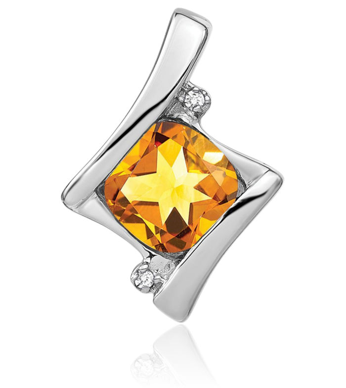 14K Solid White Gold Yellow Orange Citrine Diamond Necklace Charm Gemstone Pendant