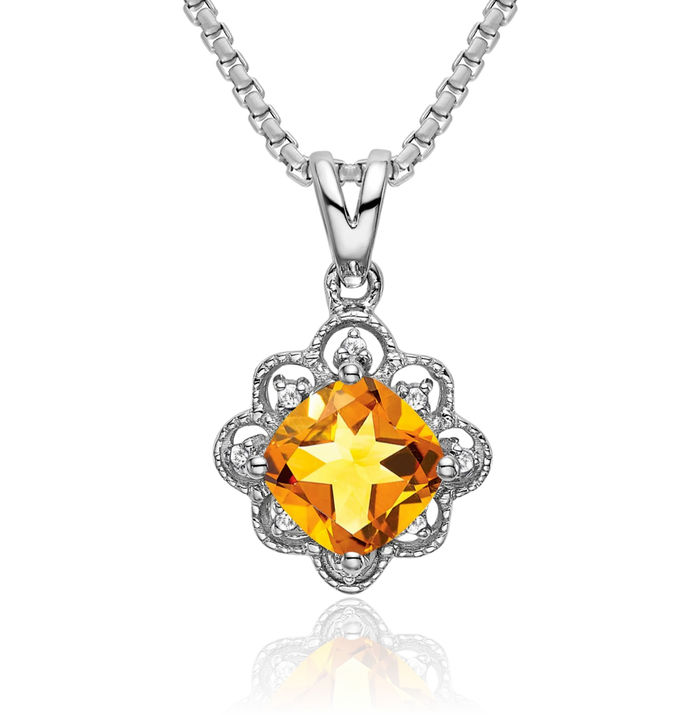 14K Solid White Gold Yellow Orange Citrine Diamond Necklace Charm Gemstone Pendant