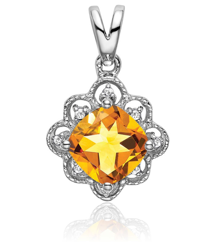 14K Solid White Gold Yellow Orange Citrine Diamond Necklace Charm Gemstone Pendant