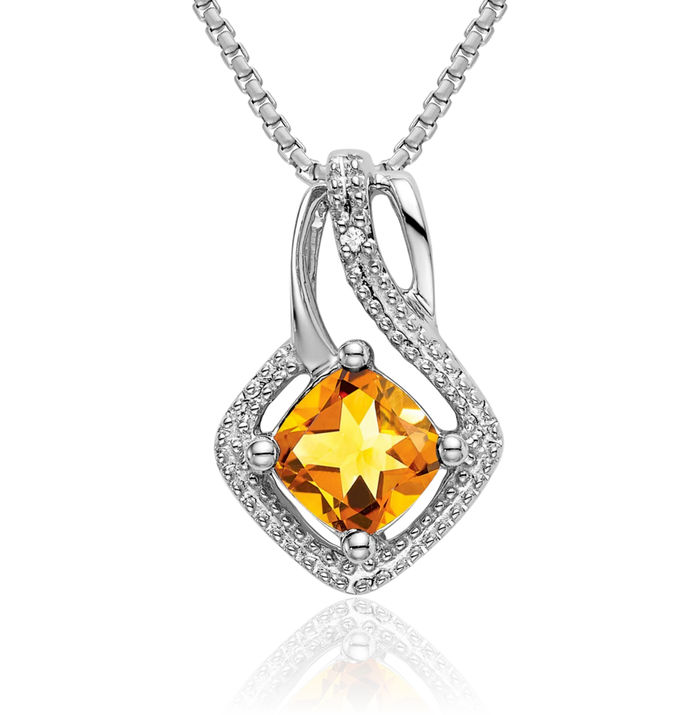 14K Solid White Gold Yellow Orange Citrine Diamond Necklace Charm Gemstone Pendant