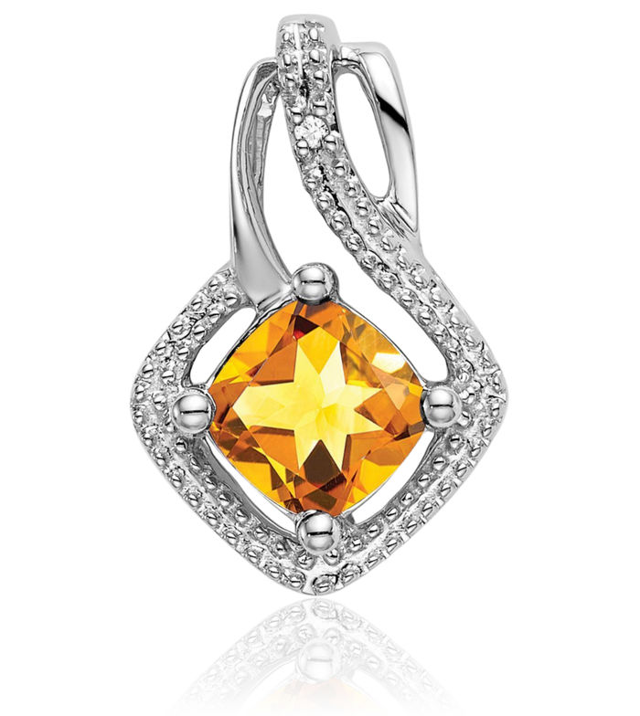 14K Solid White Gold Yellow Orange Citrine Diamond Necklace Charm Gemstone Pendant