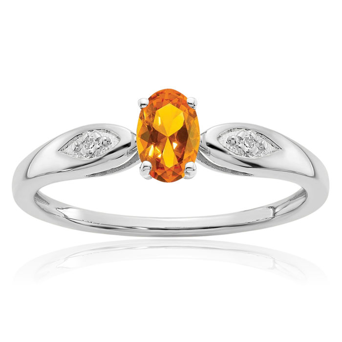 14K Solid White Gold Yellow Orange Citrine Diamond Ring Gemstone Band November Birthstone Jewelry