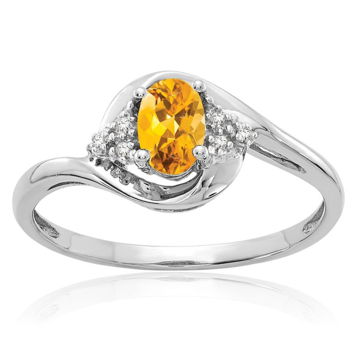 14K Solid White Gold Yellow Orange Citrine Diamond Ring Gemstone Band November Birthstone Jewelry