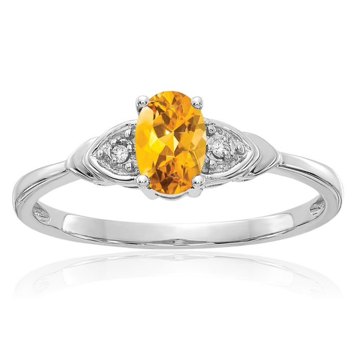 14K Solid White Gold Yellow Orange Citrine Diamond Ring Gemstone Band November Birthstone Jewelry