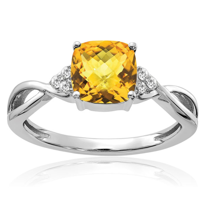 14K Solid White Gold Yellow Orange Citrine Diamond Ring Gemstone Band November Birthstone Jewelry