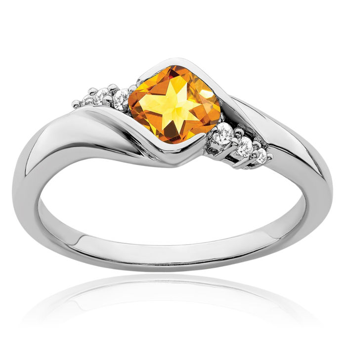 14K Solid White Gold Yellow Orange Citrine Diamond Ring Gemstone Band November Birthstone Jewelry