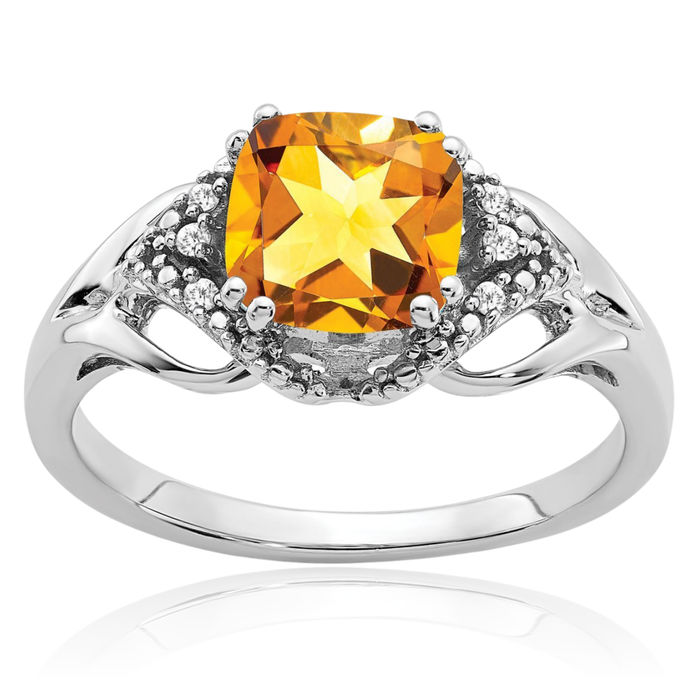14K Solid White Gold Yellow Orange Citrine Diamond Ring Gemstone Band November Birthstone Jewelry