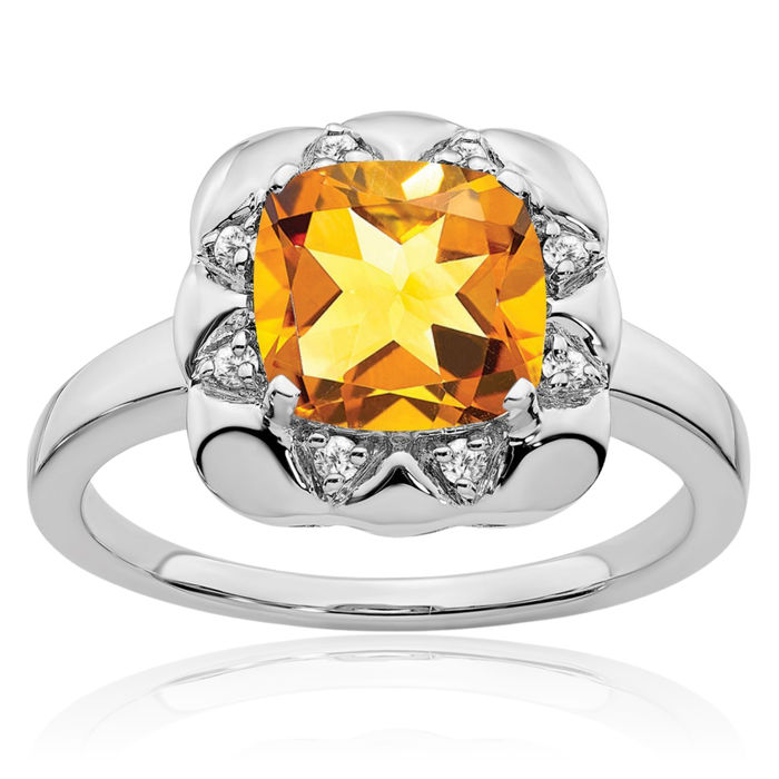 14K Solid White Gold Yellow Orange Citrine Diamond Ring Gemstone Band November Birthstone Jewelry