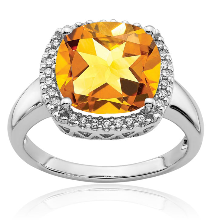14K Solid White Gold Yellow Orange Citrine Diamond Ring Gemstone Band November Birthstone Jewelry