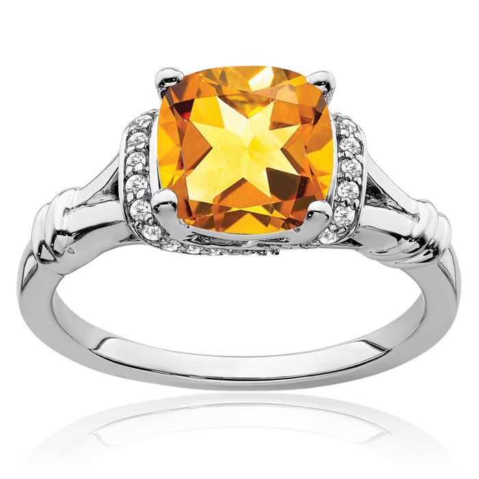 14K Solid White Gold Yellow Orange Citrine Diamond Ring Gemstone Band November Birthstone Jewelry