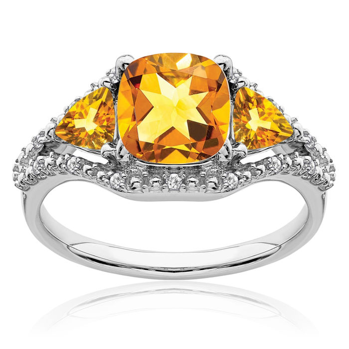 14K Solid White Gold Yellow Orange Citrine Diamond Ring Gemstone Band November Birthstone Jewelry
